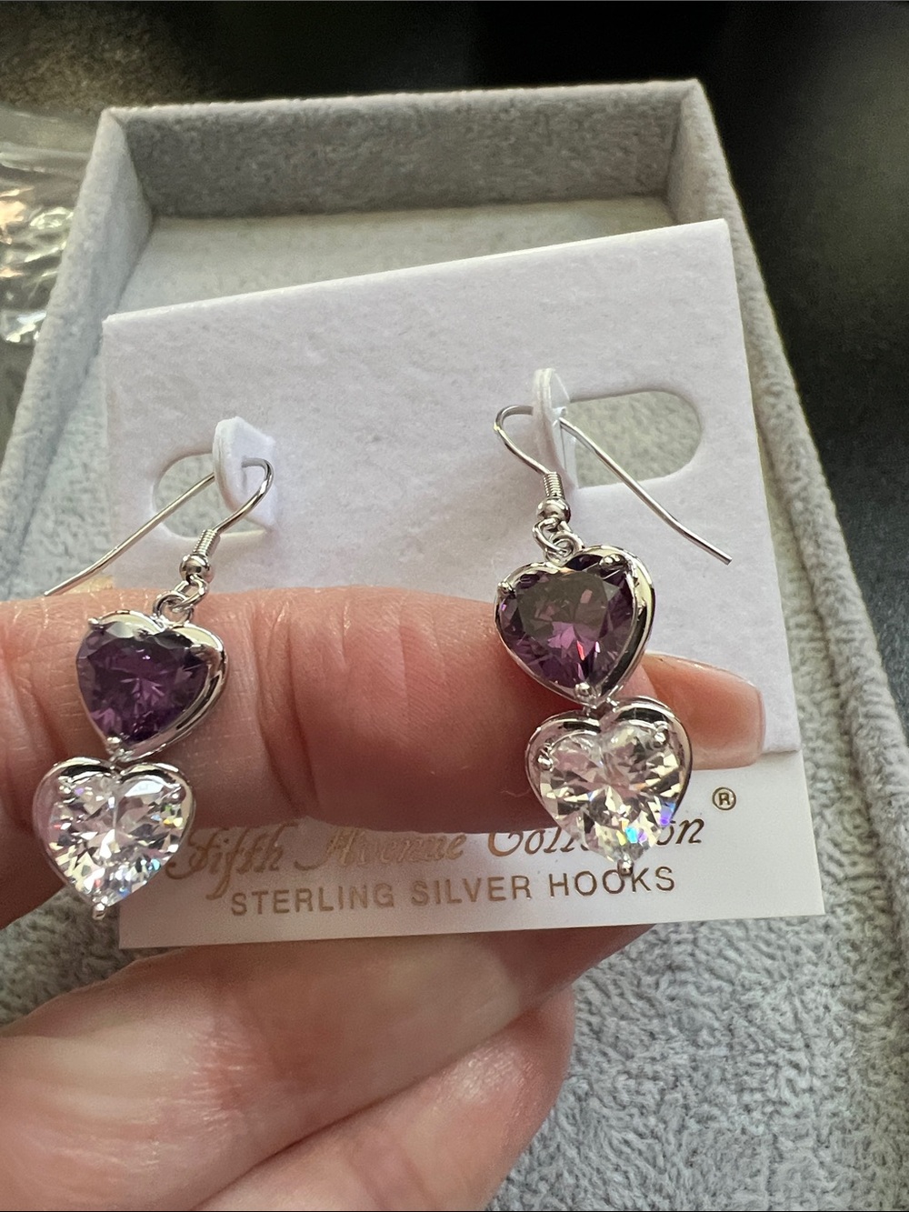 Sterling Silver Double Heart Drop Earrings in Purple and Clear